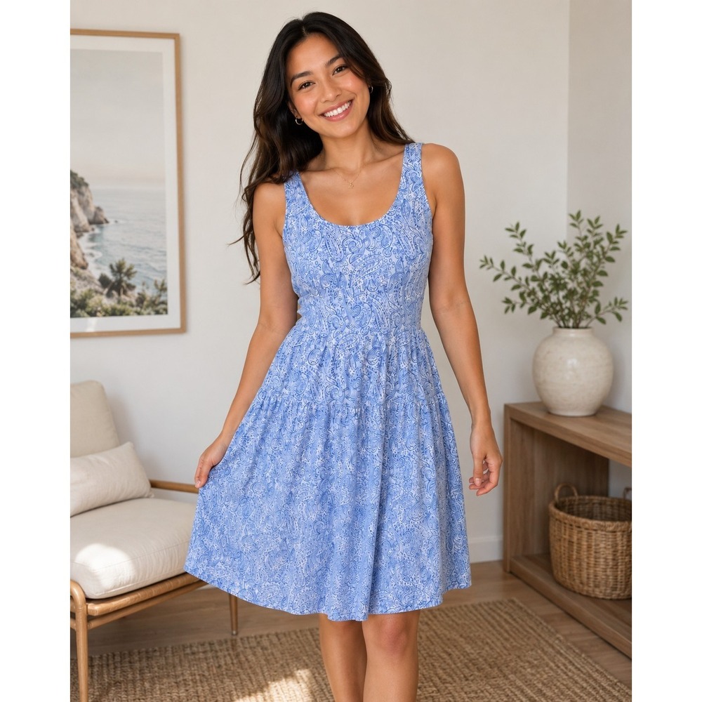 Blue Paisley Sleeveless Dress Women Size 10 Cotton Preppy Coastal Resort Cottage